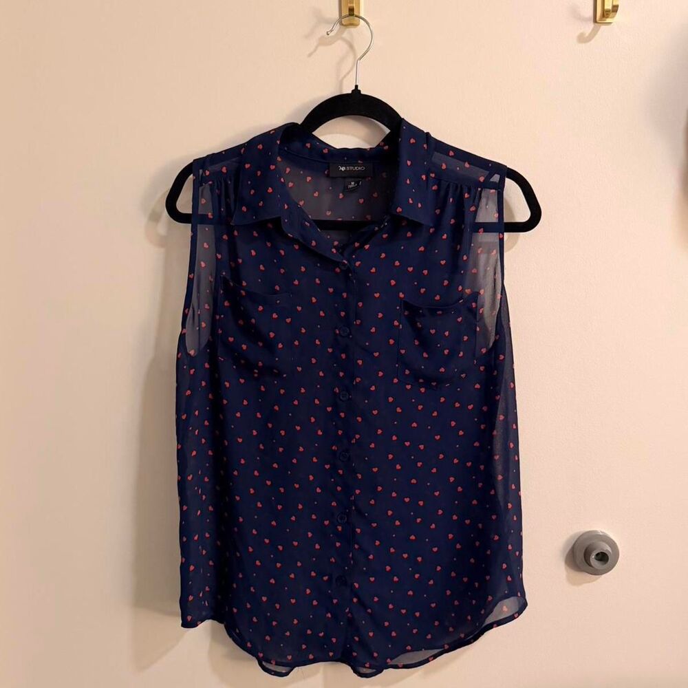 AB Studio Womens Blue Hearts Sleeveless Flowy Sheer Button Up Blouse Size M